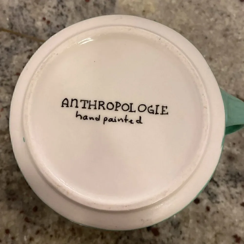 Anthropologie Hand Painted Letter A Monogram Green Ceramic Coffee Tea Mug